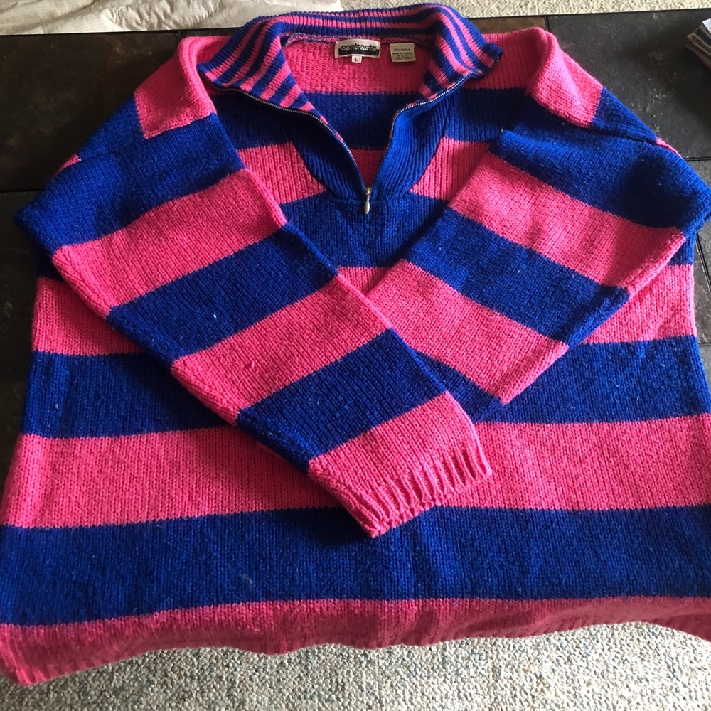 Pink & blue striped sweater with zipper neck